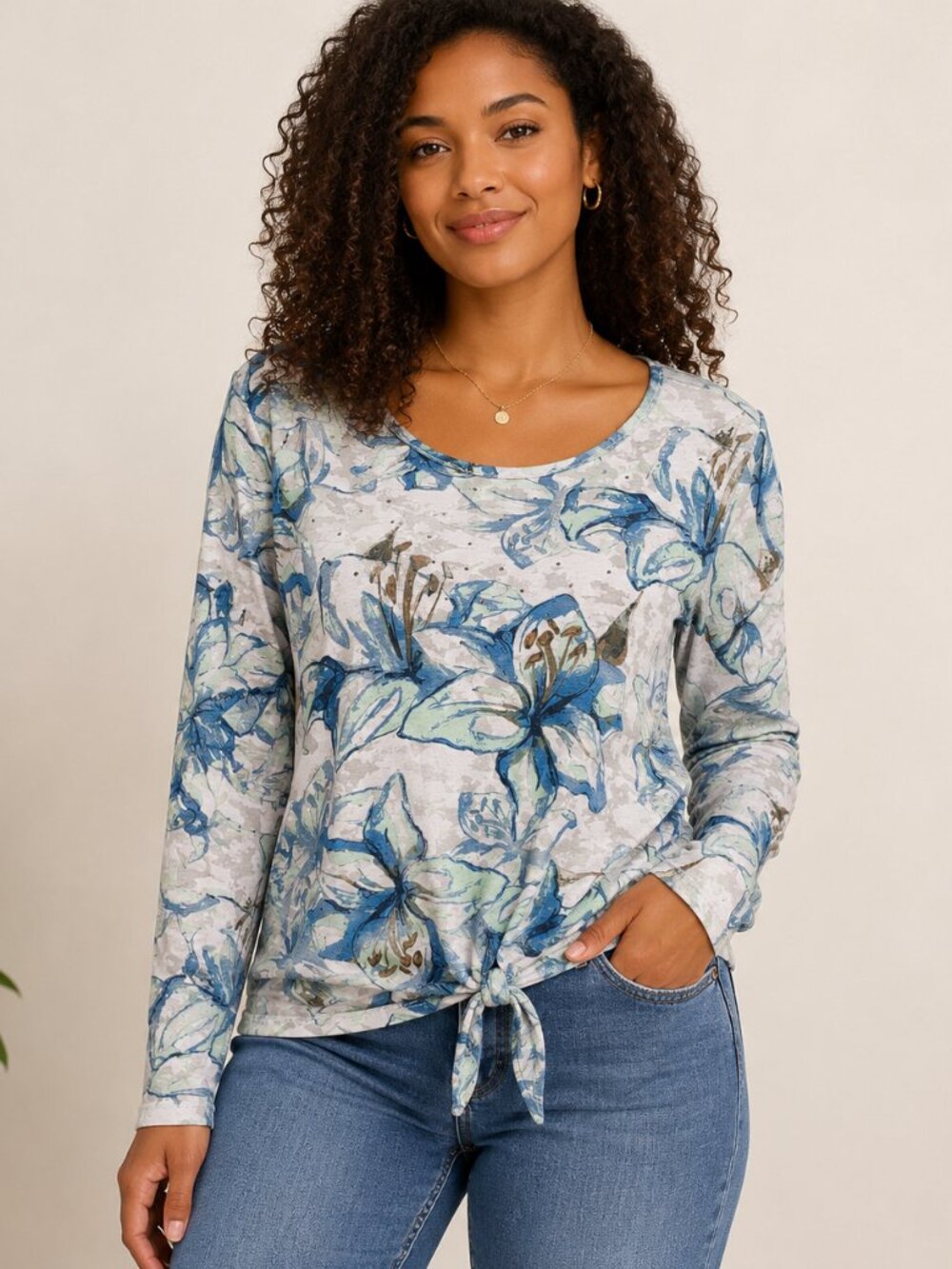 Classic Editions Floral Print Tie Front Top Women's M Blue Green Long Sleeve
